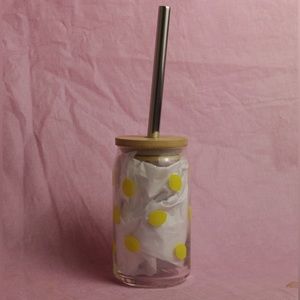 Lemon Glass Tumbler Cup | Metal Straw l Wooden Lid | Brand New
